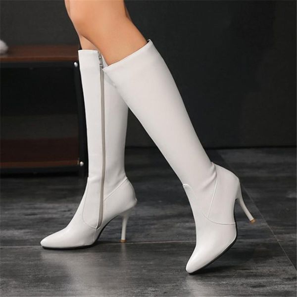

pxelena women knee high boots thin stiletto heels black white 2021 spring autumn winter shoes plus size 34-45 office lady
