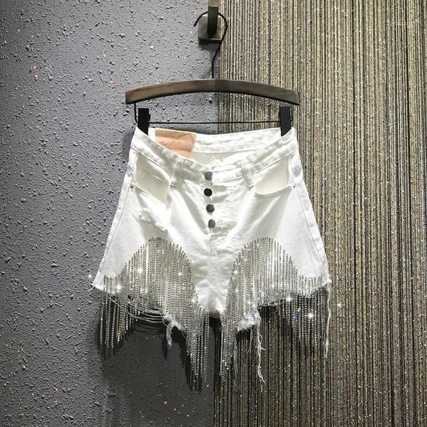 

2020 summer new high waisted breasted tassel chain slim slim white denim shorts woman1, Blue