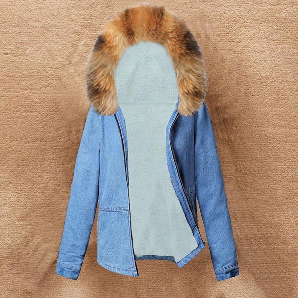 

winter warm fur lining denim jacket female winter real fur collar korean locomotive lamb jean coat women student short coat1, Black;brown