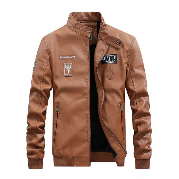 

2021 the new new male fashion chest large pockets leather brown jacket 4a24, Black