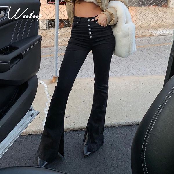 

weeper-pantalones vaqueros ajustados de estilo coreano урожай пара мухеер, pantaln acampanado con botones de cintura alta, ropa de calle, Blue