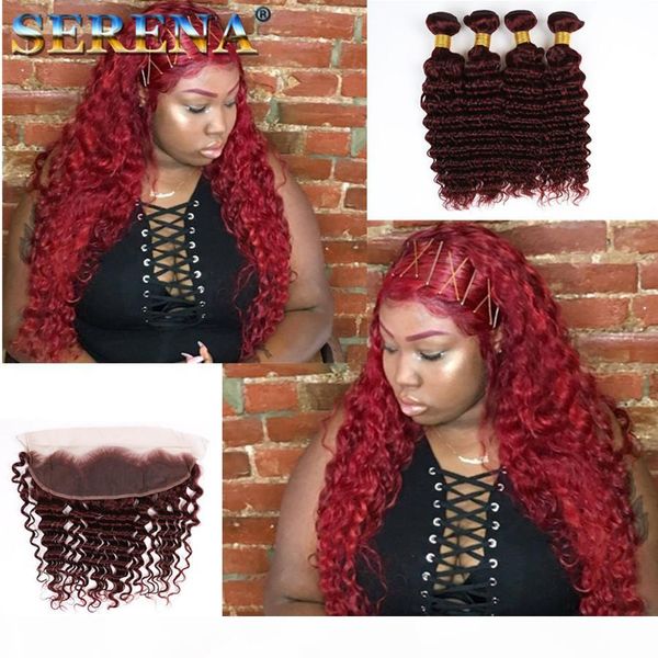 

99j malaysian deep wave with closure 13x4 human hair lace frontal with bundles mink #99j burgundy wine red deep wave bundles with closure, Black;brown