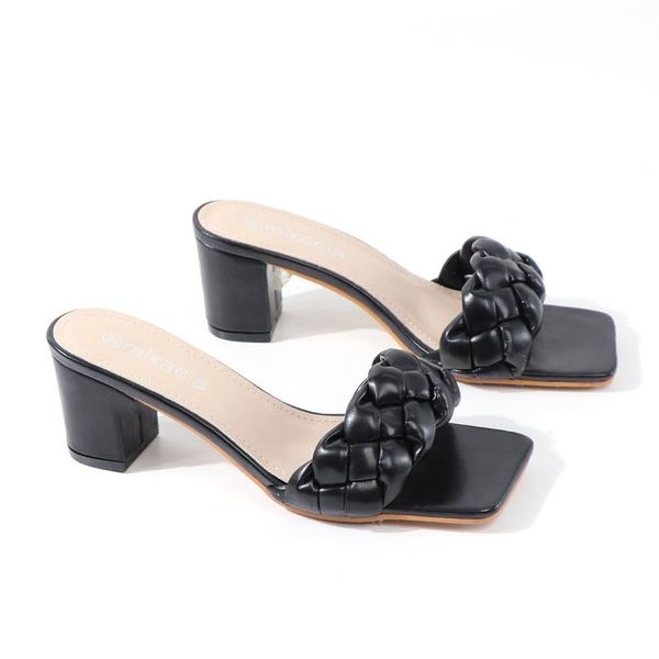 

spring/summer 2021 new versatile chung-heel sandals black one-character plus-size mid-heel comfort shoes in solid color