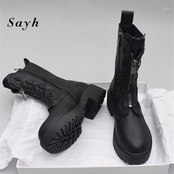 

boots winter gorgeous women genuine leather motorcycle knight chunky sole platform shoes1, Black