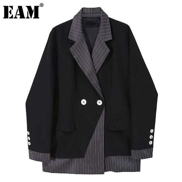 

eam] women black striped split big size blazer new lapel long sleeve loose fit jacket fashion tide spring autumn 2021 1dc323, White;black