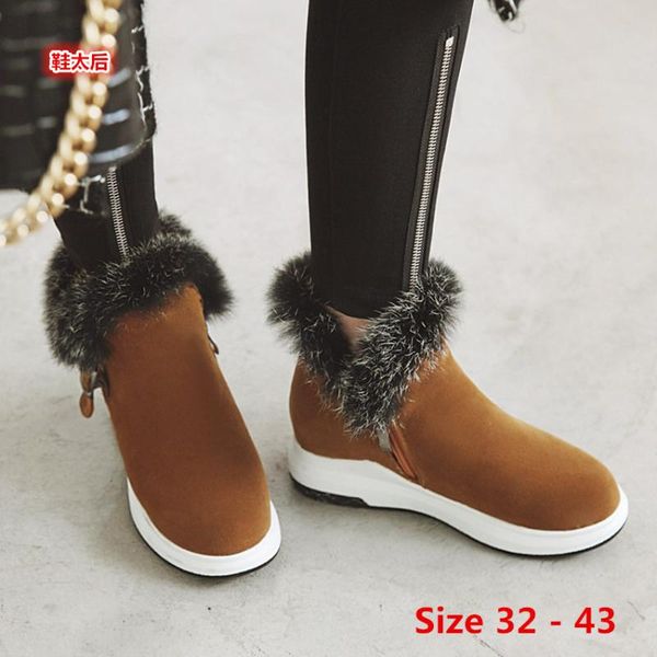 

boots winter faux fur ankle women flat platform thick short snow woman shoes small big size 32 - 43, Black
