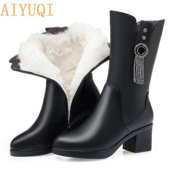 

aiyuqi 2020 new women winter boots long genuine leather beaded tassel boots women high-heeled fashion wool snow, Black