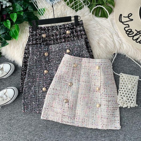 

women tweed skirt 2021 korean of autumn winter high waist slimming a fashion double breasted mini skirt drop shipping, Black