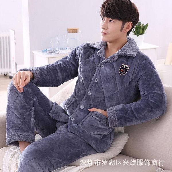 

mimi upset three layer sandwiched cotton flannel pajamas long sleeve winter leisurewear men loose coral fleece suits winter1, Black;brown