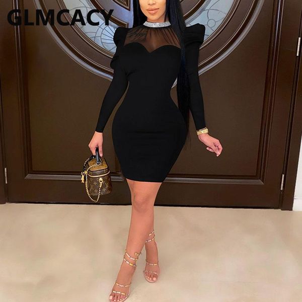 

women long puff sleeve mesh isnert slim dress elegant evening party mini dresses, Black;gray