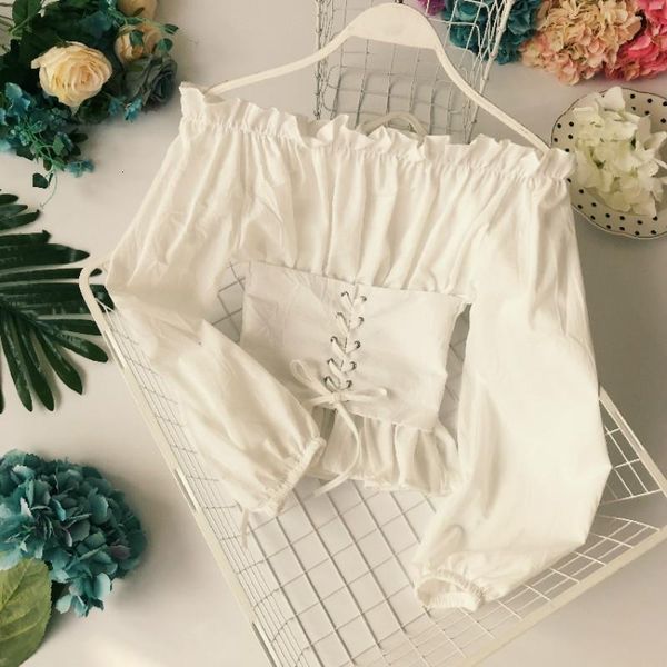 

cute women chiffon blouses slash-neck sashes shirts lantern sleeved strap waist bow shirred off shoulder ladies casual 2018, White