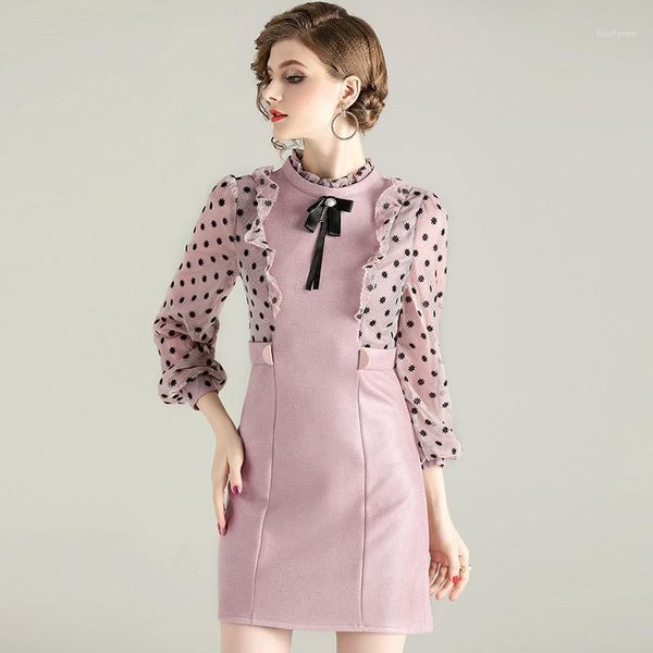 

casual dresses spring dress women 2021 fashion ruffles printed patchwork round neck three quarter sleeve slim above the knees1, Black;gray