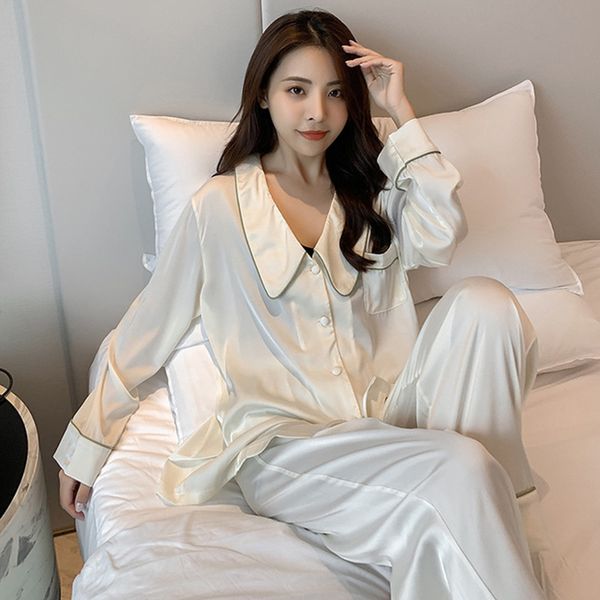 

2021 new autumn spring pajamas for women vintage solid nightwear elegant down collar long sleeve female sleepwear homewear z3r9, Black;red