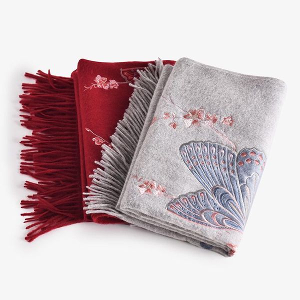 

scarves bride bridesmaid 100% wool scarf winter women brand 2021 butterfly embroidery shawls and wraps for ladies, Blue;gray