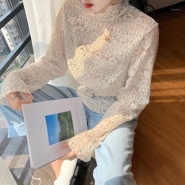

spring summer women lace blouses shirt women mesh blouses see-through long sleeve black dot star striped shirt blouse1, White