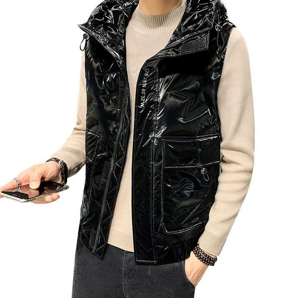 

80% gray duck down winter clothes new shiny down vest men's hooded plus size sleeveless jacket fashion vest, Black