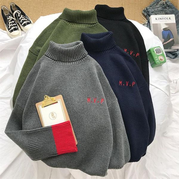 

2019 new letter high collar sweater male loose large size sweater winter color matching men's1, White;black