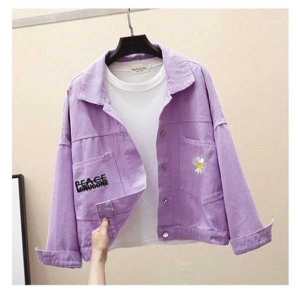 

2020 edge flakes crop floral embroidery denim jeans jacket women spring autumn single breasted casual outwear coat jackets j1961, Black;brown