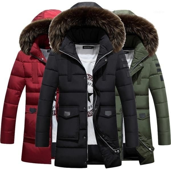 

plus size m-4xl fashion winter warm men casual coat cotton padded hooded down jacket parka removable fur collar outwear1, Black