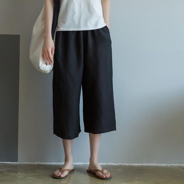 

loose linen vintage style pockets wide leg pants 2021 summer elastic waist solid color calf length women pants, Black;white