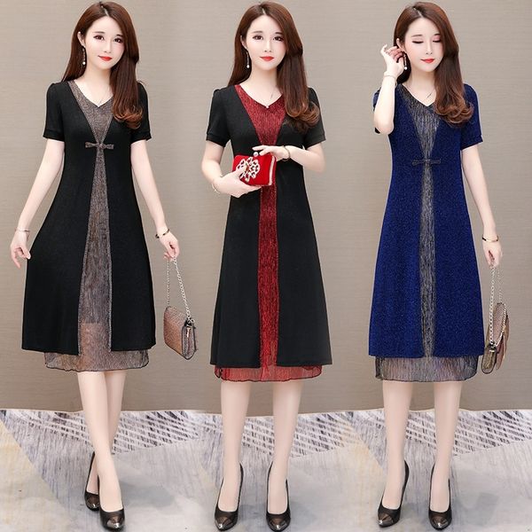 

ywszp summer popular mom dress 2019 temperament over the noble knee fake two-piece large size slimming women's dress 8njz0, Black;gray