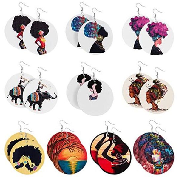 

african wooden earrings ins handmade ethnic africa pattern print wood drop earrings queen girls' jewelry hoop earrings, Golden