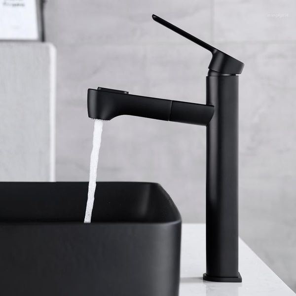 

bathroom basin faucet brass water faucet bathroom sink tap with pull out shower head single lever wash head black1