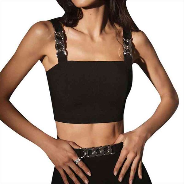 

fashion trend female vest girls solid square collar sleeveless crop with metal chain slim casual tank for summer, White