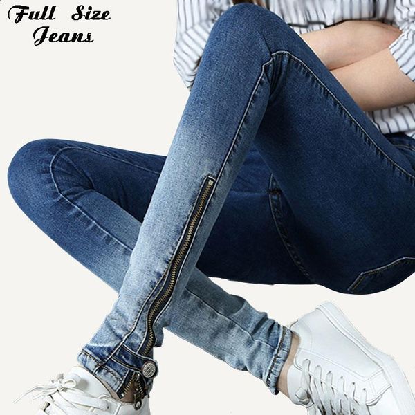 

women spring zip side hem gradient color pencil jeans low waist side zipper stretch skinny long jeans denim pants, Blue