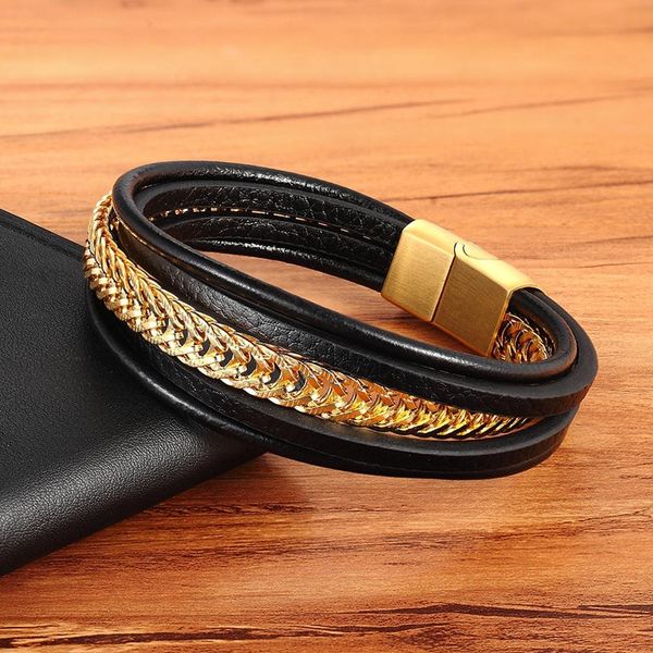 

роскошные панк цепи нержавеющей стали комбинированный кожаный браслет многослойная аксессуары личность мужчины браслет коллекции подарков qy, Golden;silver