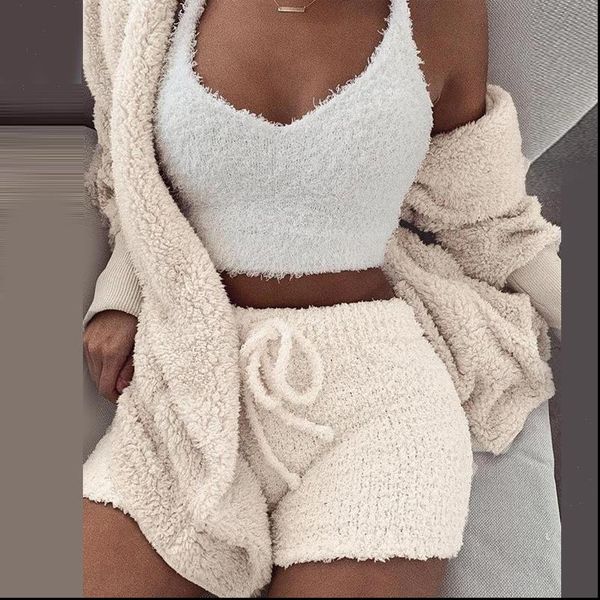 

women knitted 3 piece set casual coral pajamas set cardigan crop shorts suit fleece tracksuit sets sleepwear, Gray