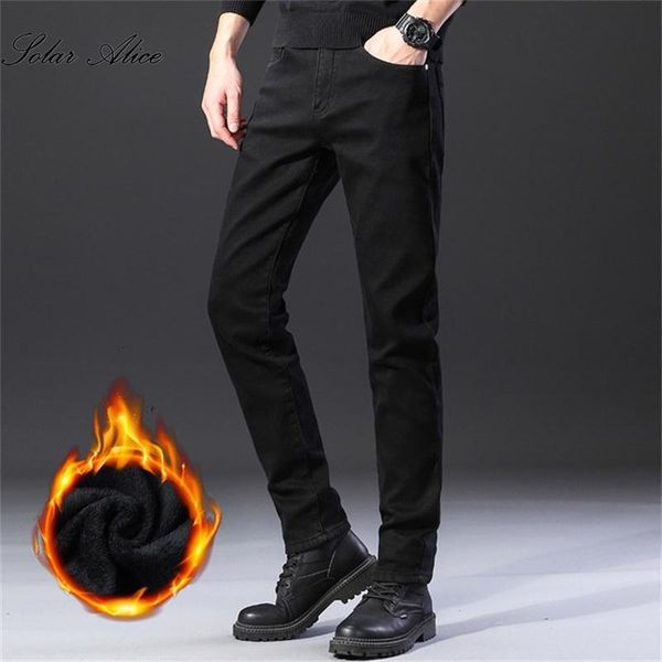 

men's jeans 2021 winter velvet padded mid-rise plus size stretch slim youth warm casual pants, Blue