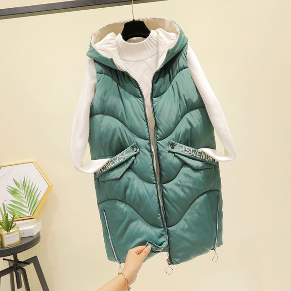 

big size 3xl women sleeveless warm coat hooded autumn winter vest with letter print pockets korea long style thermal waistcoat 1023, Black;white