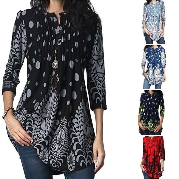 

large printed round neck pleat design medium length 3 / 4 sleeve women's t-shirt top, Black;gray
