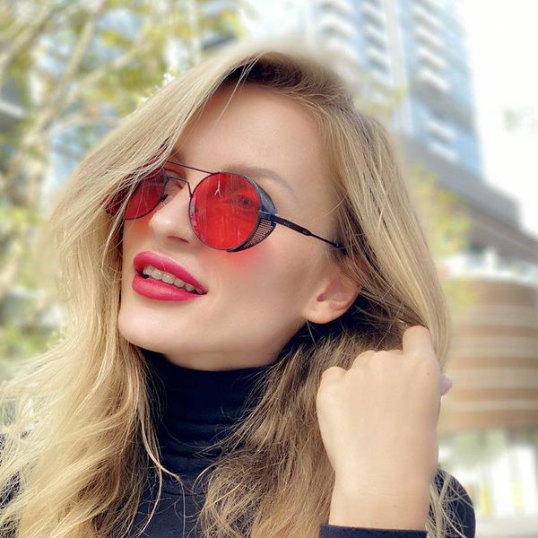

classic brand design fashion round black sunglasses men vintage punk rivet wrap sun glasses for male retro leather eyewear fml, White;black