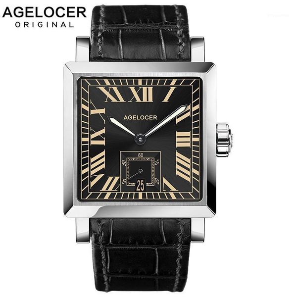 

agelcoer brand swiss waterproof male square super-luminova automatic watch men wristwatch mechanical watches with date calendar1, Slivery;brown