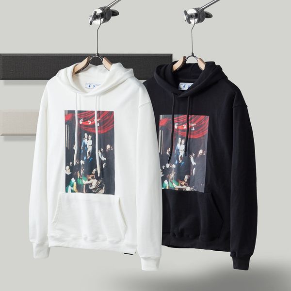 

long sleeves hooded sweatshirt black with caravaggio painting featuring off logo and caravaggio ow arrows at back womens mans clothing