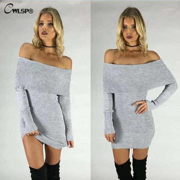 

women's sweaters wholesale-2021 autumn sweater dress women solid pullover slash neck off shoulder fashion kintting pull femme ql26531, White;black