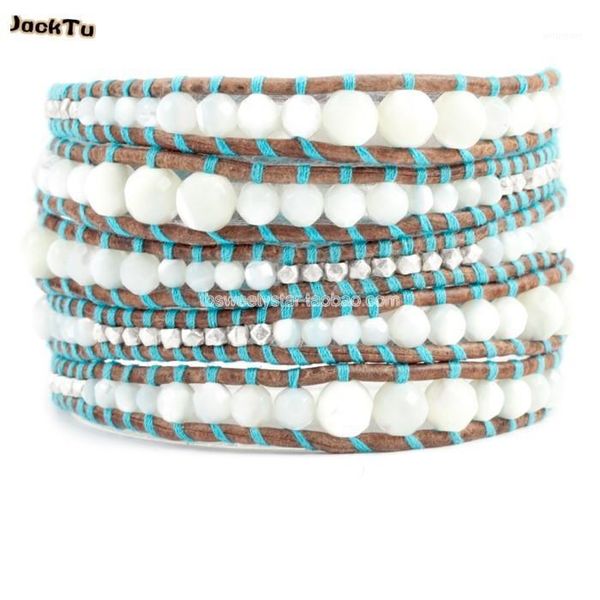 

3mm 4mm 6mm facted mother of pearl beaded leather wrap bracelet handmade1, Golden;silver