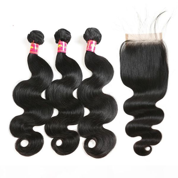 

body wave bundles with closure 3pcs virgin brazilian hair weave bundles with 4x4 transparent hd swiss lace closure, Black