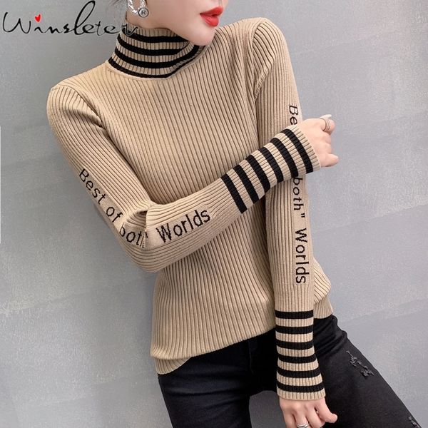 Autunno Inverno maglione lavorato a maglia Donna Abbigliamento europeo Patchwork Lettera Pullover Ropa Mujer Camicia che tocca il fondo Top Nuovo T09406L 201130