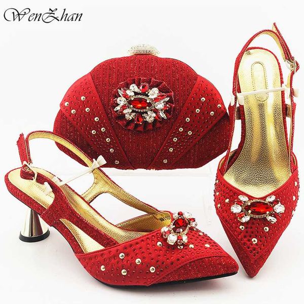 

red color african women shoes and bag matching set for wedding italian shoes with matching bag 7cm heels 38-43 wenzhan b02-20, Black