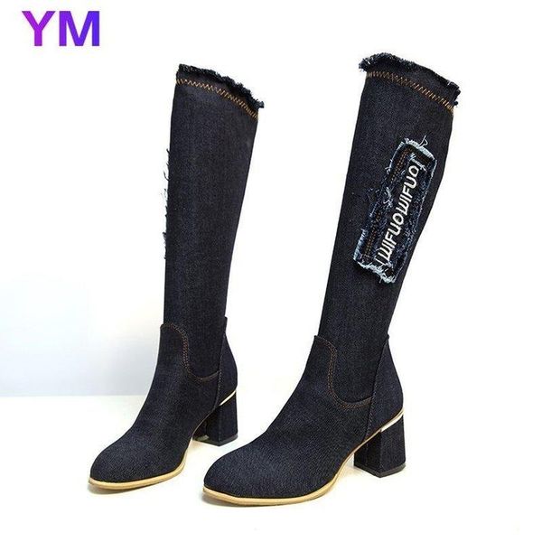 

women denim boot women's mid calf boot 7cm high heel woman stylish jeans boots ladies female shoes cowboy zapatos de mujer 2020, Black