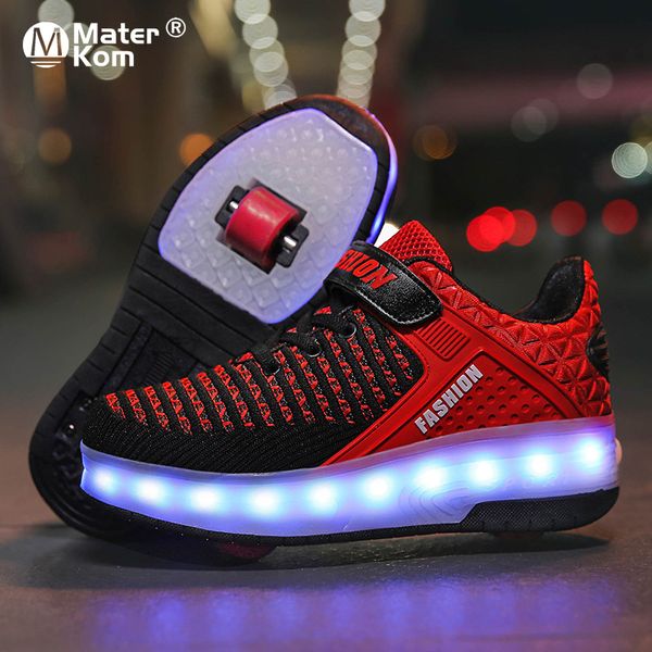 

size 28-40 roller sneakers for kids boys led light up shoes with double wheels usb charging skate shoes for children boys girls c1002, Black;red