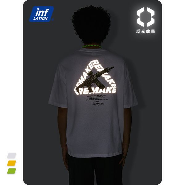 

inf men's wear new spring / summer 2021 reflective triangle letter laser loose and versatile drop shoulder sleeve t-shirt, White