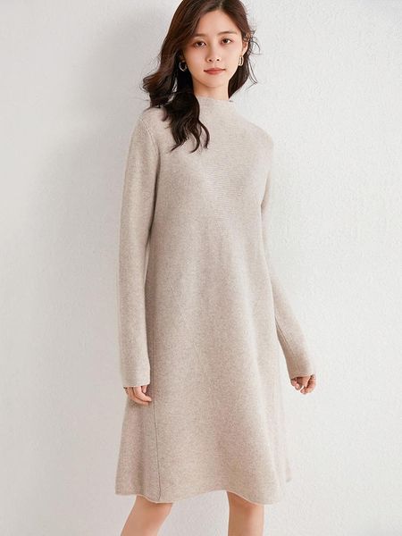 

casual dresses women 100% pure wool knitted dress thick knee a-line solid color winter full sleeve soft long sweater #2040, Black;gray