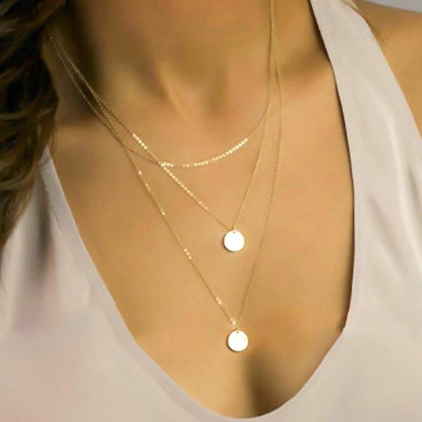

new fashion multilayer choker chain necklace pendant women gold silver round sequins clavicle charm necklaces jewelry