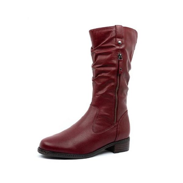 

boots women pleated mid calf boot 2021 woman leather low heel autumn winter women's zip ladies footwear female shoe plus size, Black