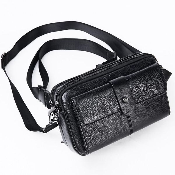 

genuine leather black horizontal belt bags for phone men's shoulder messenger bag crossbody waterproof women's waist fanny packs