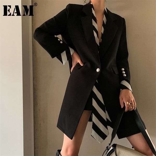 

[eam] women black striped printed stitch long blazer new lapel long sleeve loose fit jacket fashion spring autumn 2020 lj201214, White;black